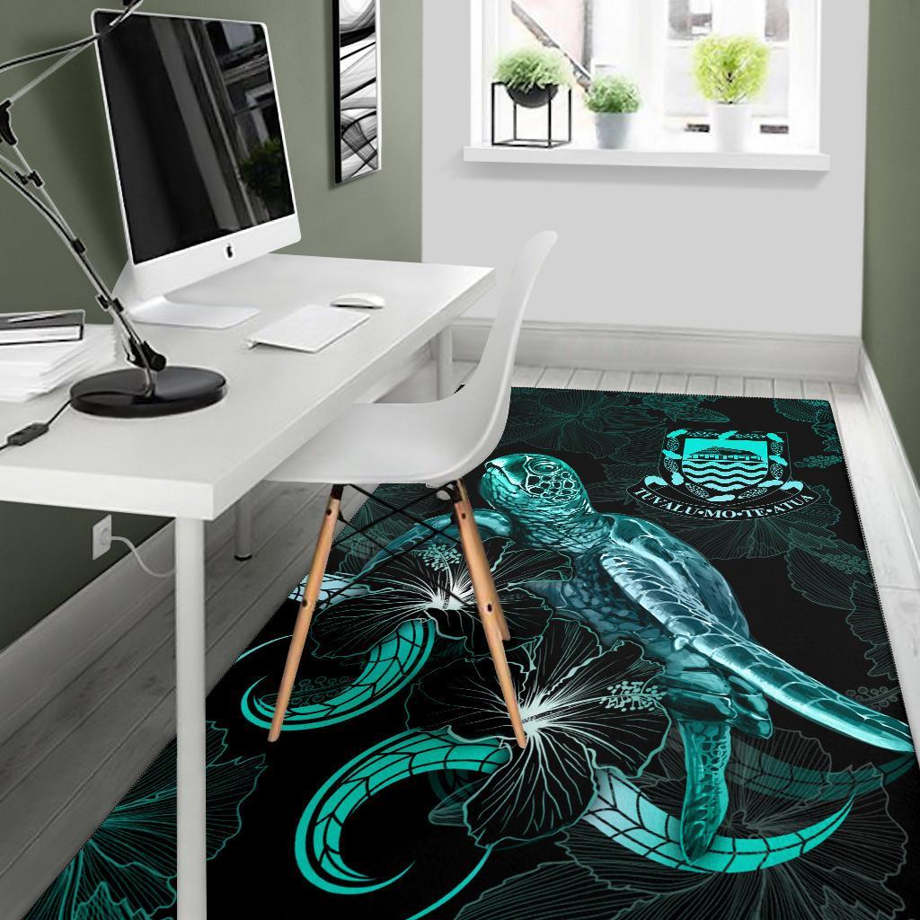Tuvalu Polynesian Area Rugs - Turtle With Blooming Hibiscus Turquoise
