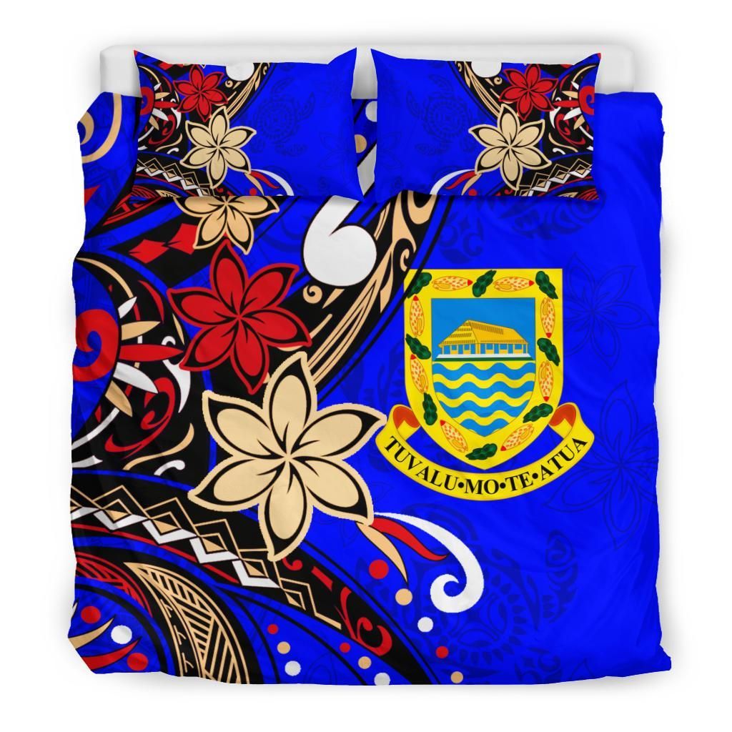 Tuvalu Polynesian Bedding Set - Tribal Flower With Special Turtles Blue Color
