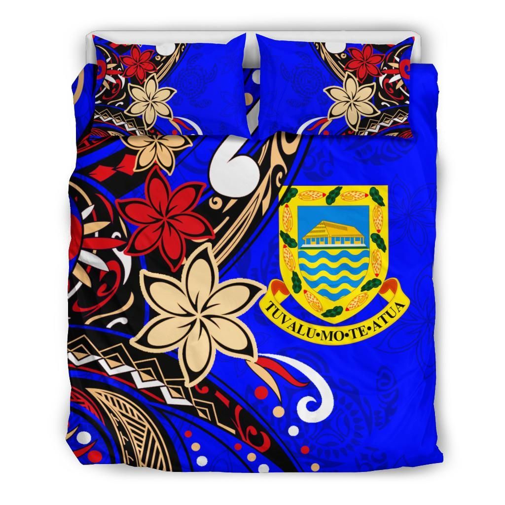 Tuvalu Polynesian Bedding Set - Tribal Flower With Special Turtles Blue Color