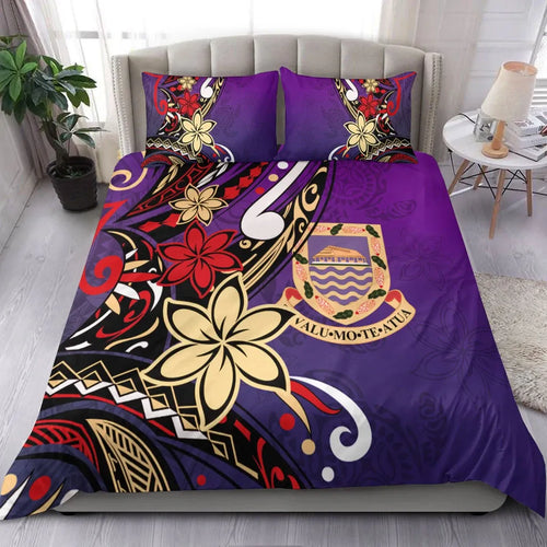 Tuvalu Polynesian Bedding Set - Tribal Flower With Special Turtles Purple Color