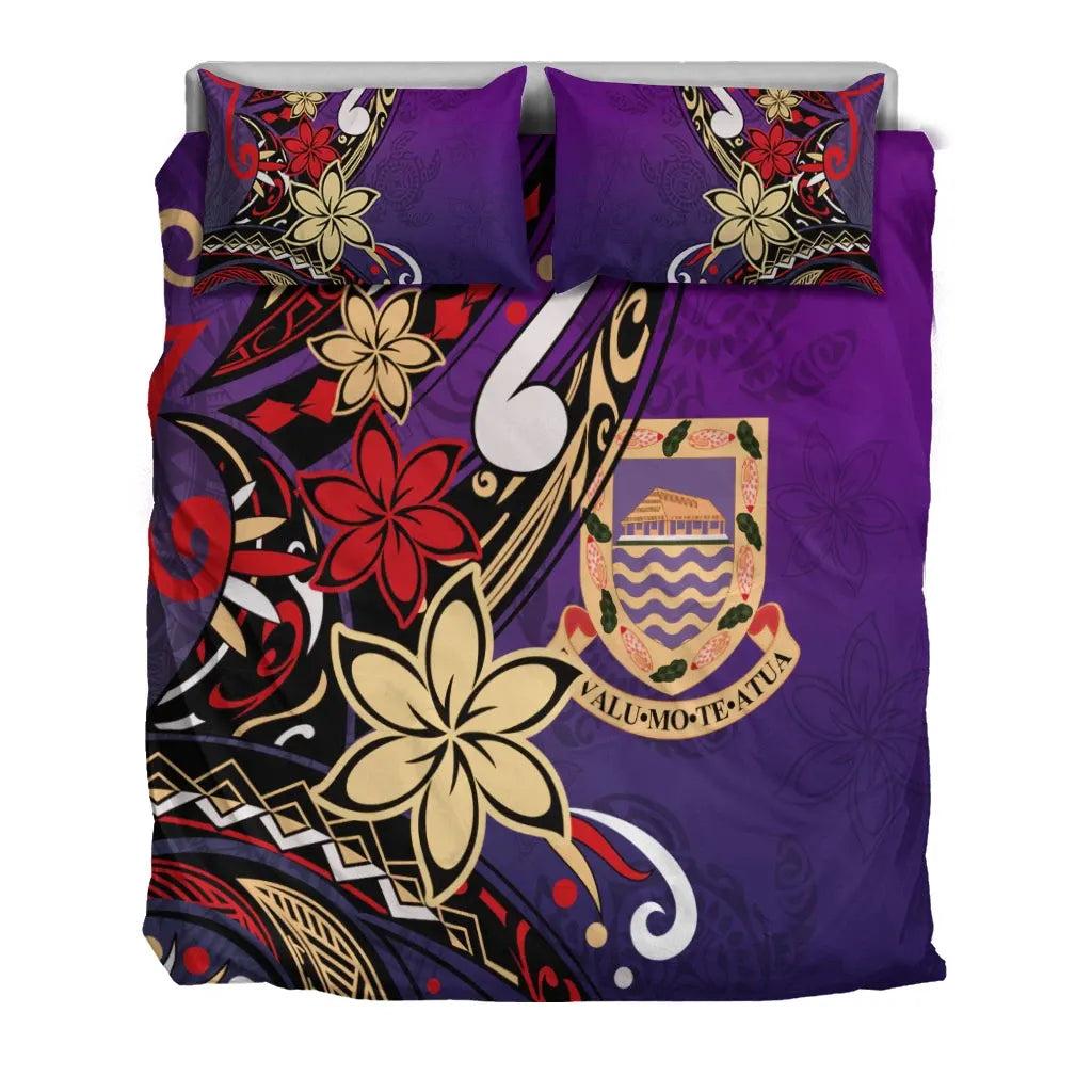 Tuvalu Polynesian Bedding Set - Tribal Flower With Special Turtles Purple Color