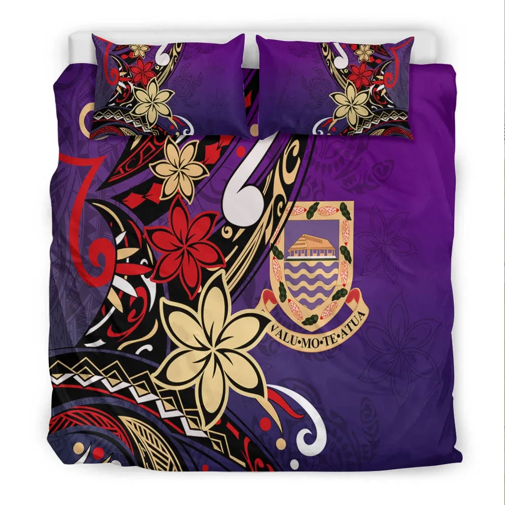Tuvalu Polynesian Bedding Set - Tribal Flower With Special Turtles Purple Color