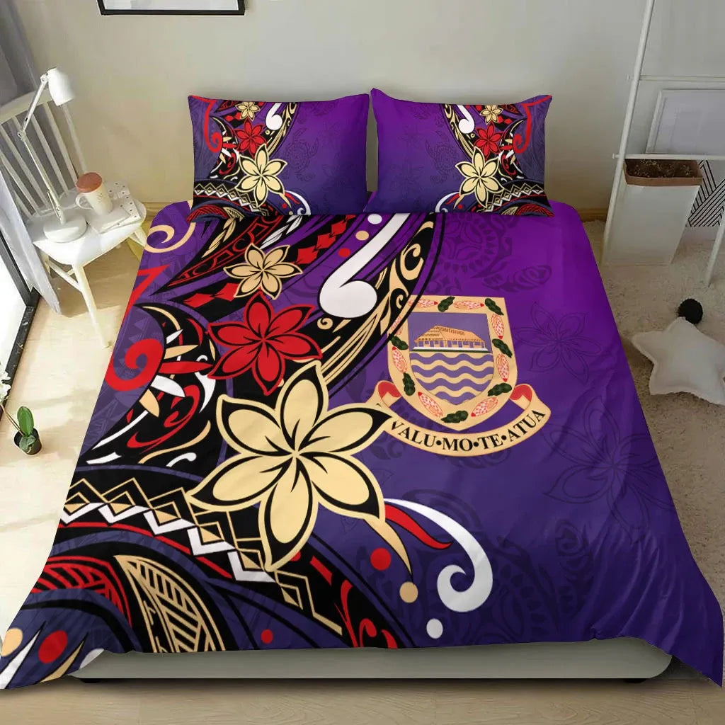 Tuvalu Polynesian Bedding Set - Tribal Flower With Special Turtles Purple Color