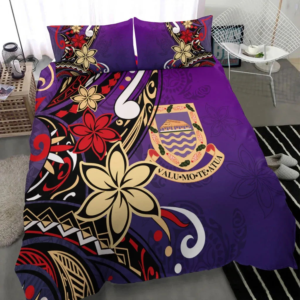 Tuvalu Polynesian Bedding Set - Tribal Flower With Special Turtles Purple Color