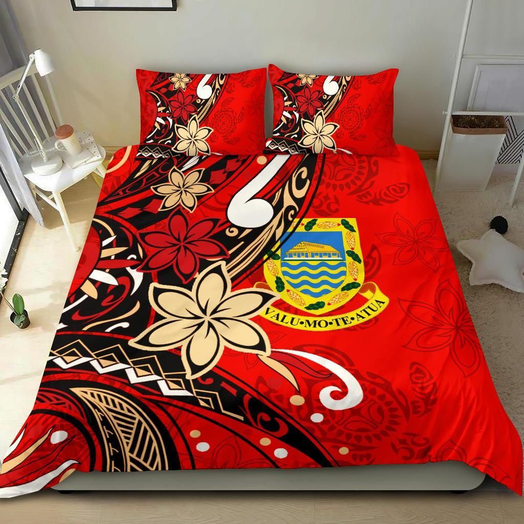 Tuvalu Polynesian Bedding Set - Tribal Flower With Special Turtles Red Color