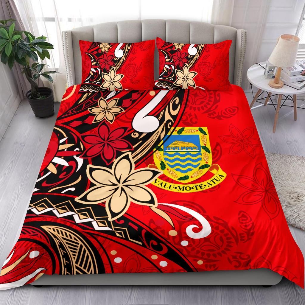 Tuvalu Polynesian Bedding Set - Tribal Flower With Special Turtles Red Color