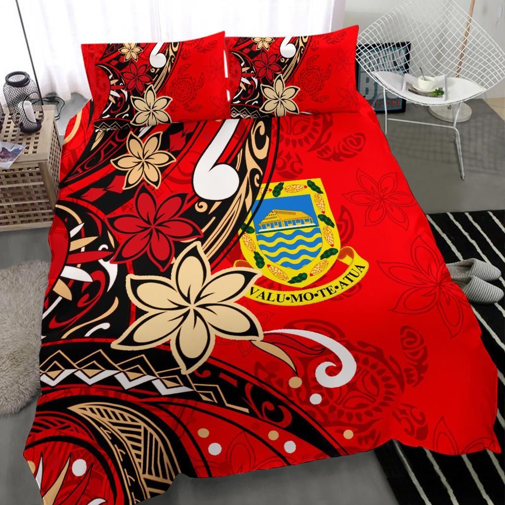 Tuvalu Polynesian Bedding Set - Tribal Flower With Special Turtles Red Color