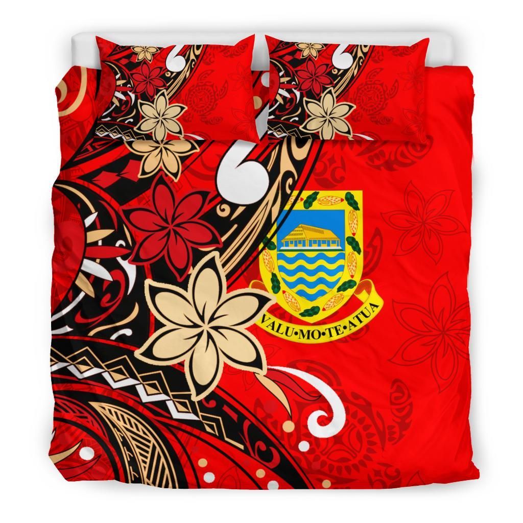 Tuvalu Polynesian Bedding Set - Tribal Flower With Special Turtles Red Color