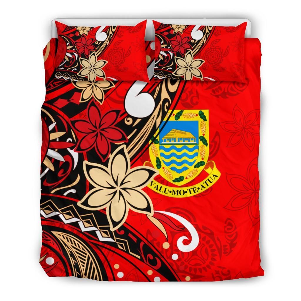 Tuvalu Polynesian Bedding Set - Tribal Flower With Special Turtles Red Color