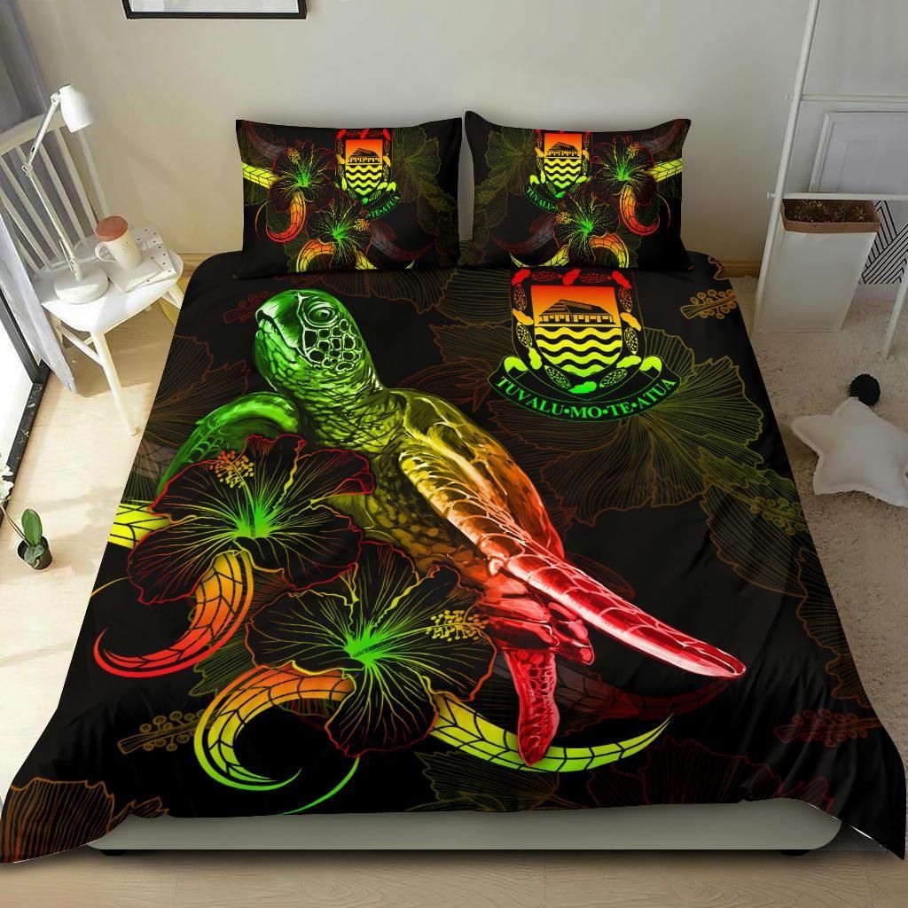 Tuvalu Polynesian Bedding Set - Turtle With Blooming Hibiscus Reggae