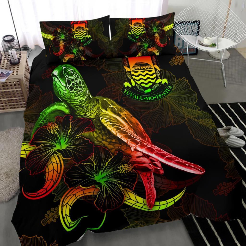 Tuvalu Polynesian Bedding Set - Turtle With Blooming Hibiscus Reggae