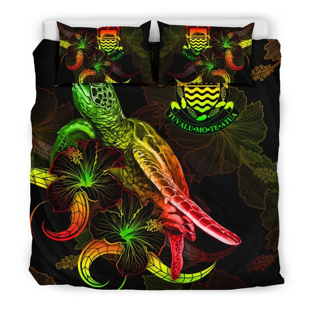 Tuvalu Polynesian Bedding Set - Turtle With Blooming Hibiscus Reggae