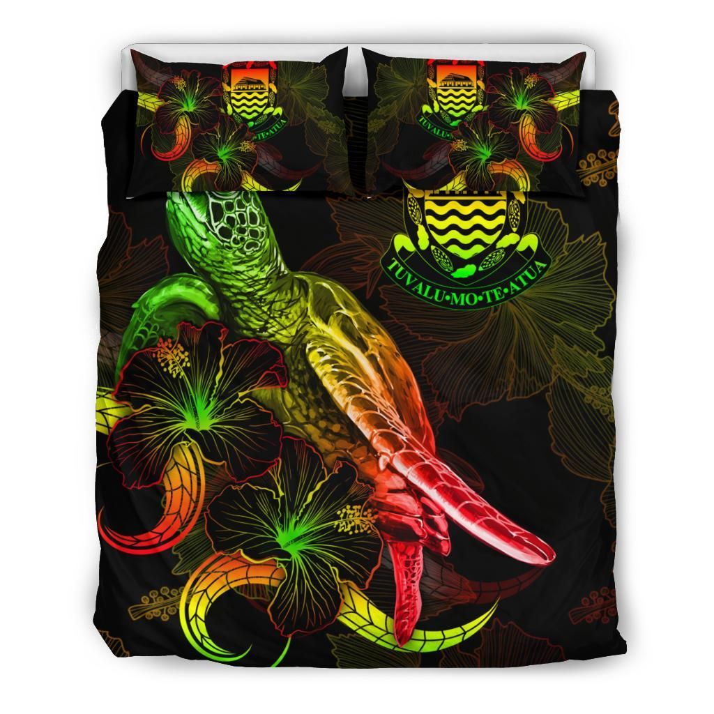 Tuvalu Polynesian Bedding Set - Turtle With Blooming Hibiscus Reggae