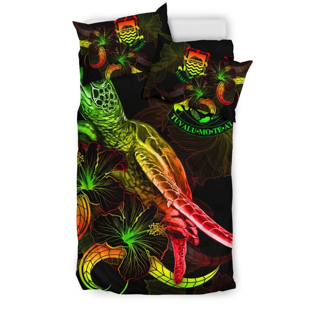 Tuvalu Polynesian Bedding Set - Turtle With Blooming Hibiscus Reggae