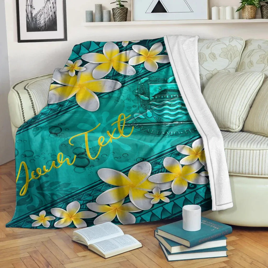 Tuvalu Polynesian Custom Personalised Blanket - Plumeria With Blue Ocean