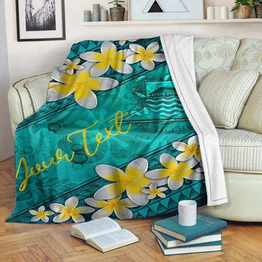 Tuvalu Polynesian Custom Personalised Blanket - Plumeria With Blue Ocean