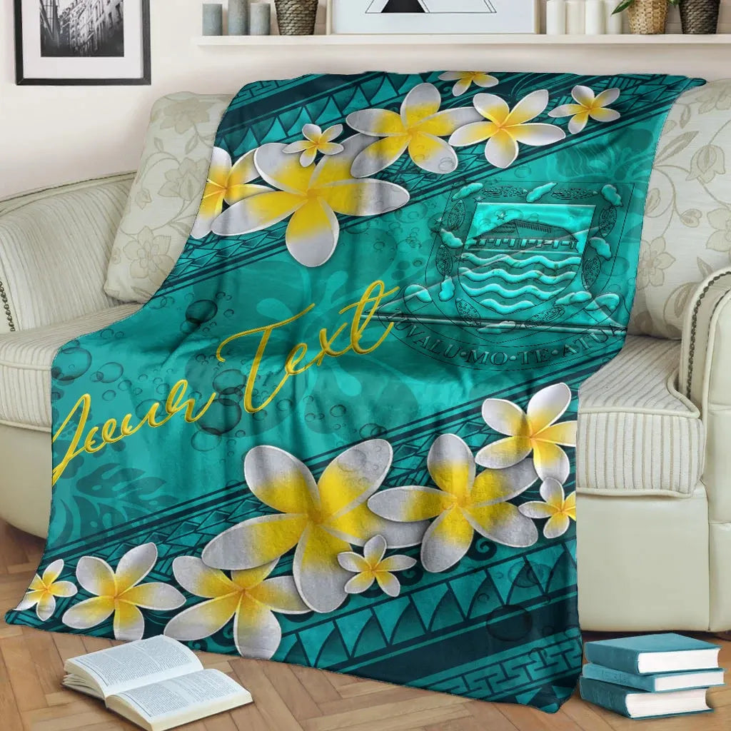 Tuvalu Polynesian Custom Personalised Blanket - Plumeria With Blue Ocean