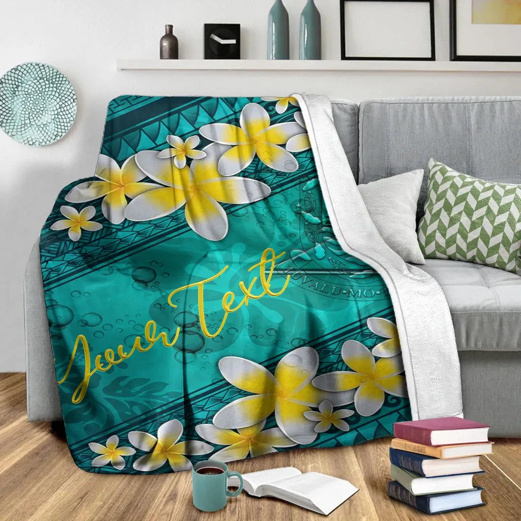 Tuvalu Polynesian Custom Personalised Blanket - Plumeria With Blue Ocean