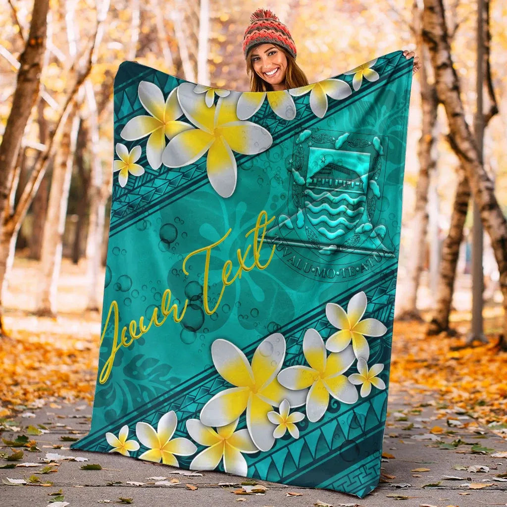 Tuvalu Polynesian Custom Personalised Blanket - Plumeria With Blue Ocean