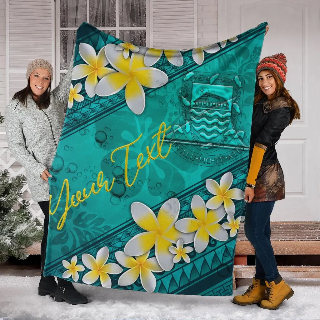 Tuvalu Polynesian Custom Personalised Blanket - Plumeria With Blue Ocean