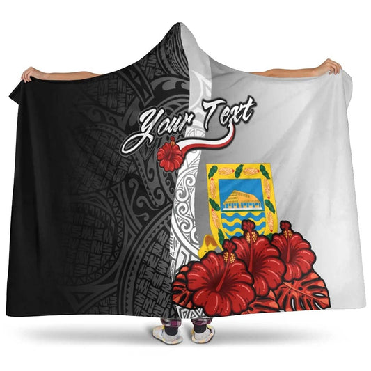 Tuvalu Polynesian Custom Personalised Hooded Blanket- Coat Of Arm With Hibiscus White