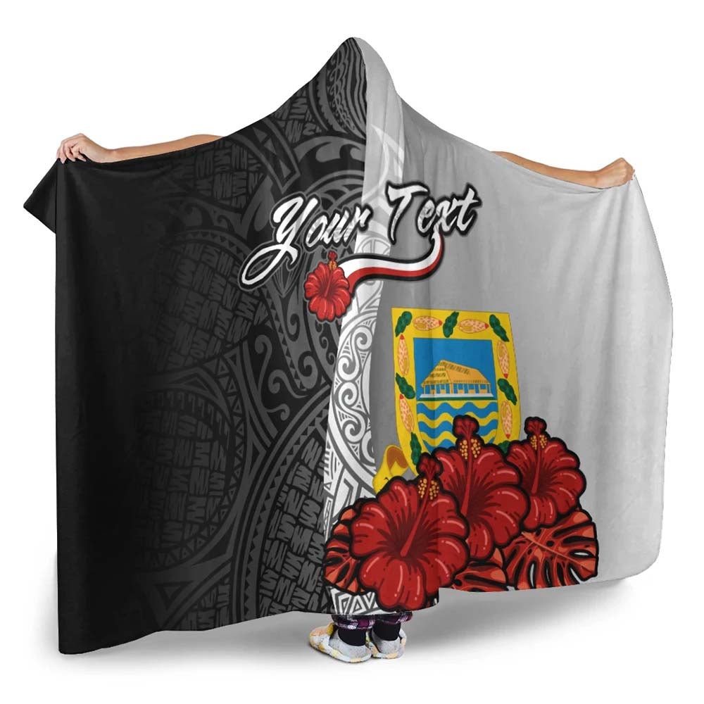 Tuvalu Polynesian Custom Personalised Hooded Blanket- Coat Of Arm With Hibiscus White