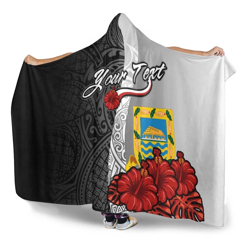 Tuvalu Polynesian Custom Personalised Hooded Blanket- Coat Of Arm With Hibiscus White