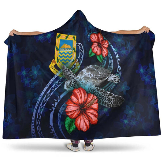 Tuvalu Polynesian Hooded Blanket - Blue Turtle Hibiscus