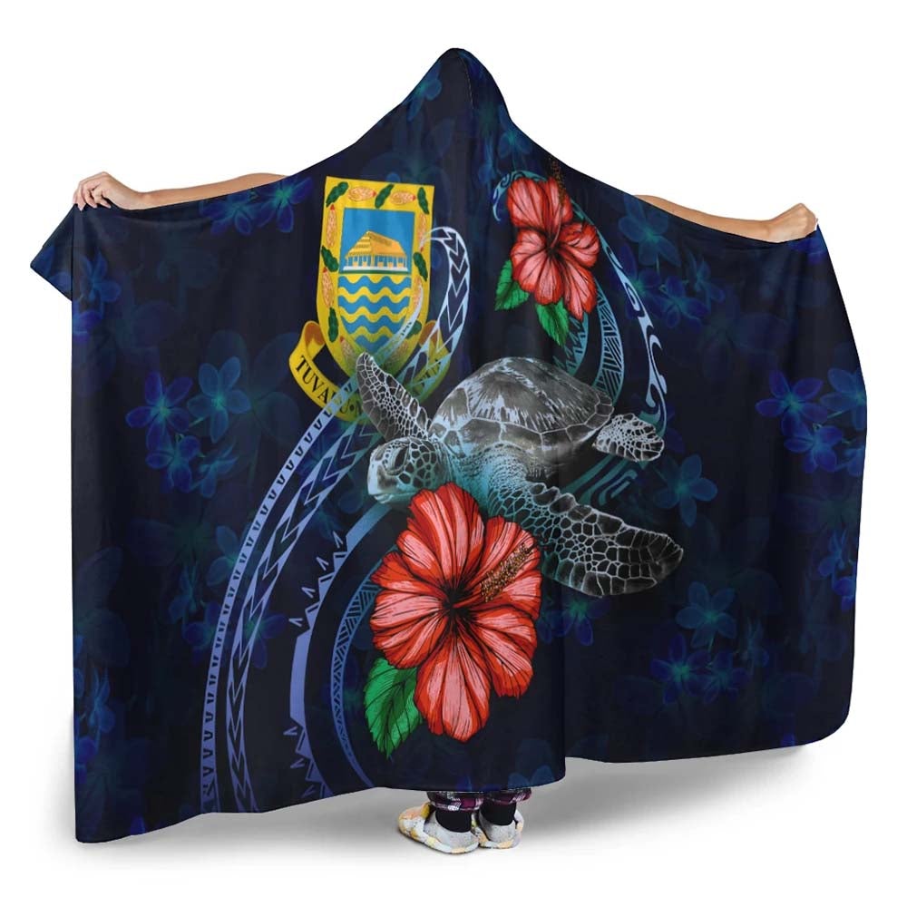 Tuvalu Polynesian Hooded Blanket - Blue Turtle Hibiscus