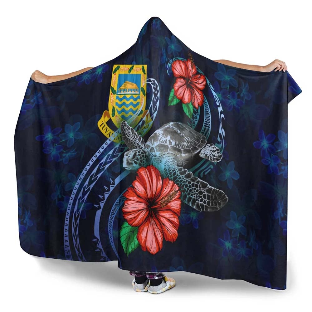 Tuvalu Polynesian Hooded Blanket - Blue Turtle Hibiscus