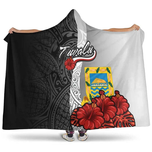 Tuvalu Polynesian Hooded Blanket- Coat Of Arm With Hibiscus White