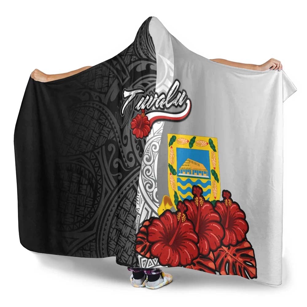 Tuvalu Polynesian Hooded Blanket- Coat Of Arm With Hibiscus White