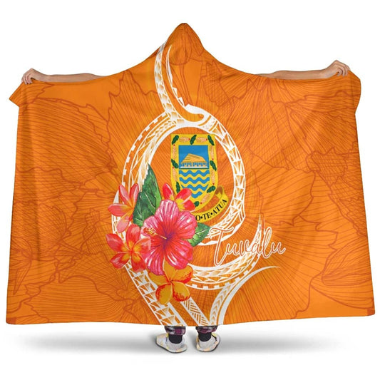 Tuvalu Polynesian Hooded Blanket - Orange Floral With Seal