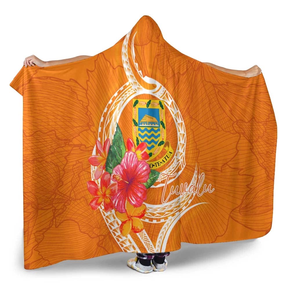 Tuvalu Polynesian Hooded Blanket - Orange Floral With Seal
