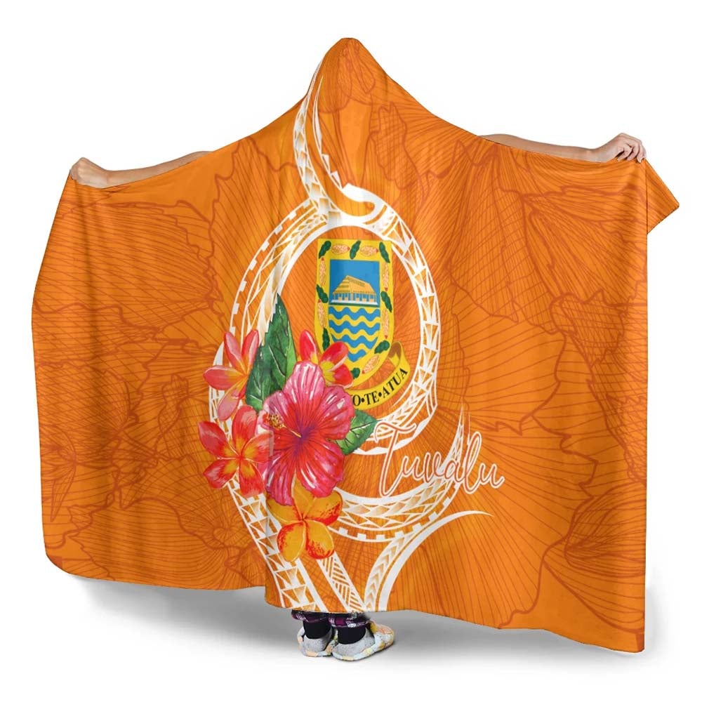Tuvalu Polynesian Hooded Blanket - Orange Floral With Seal