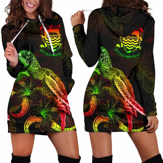 Tuvalu Polynesian Hoodie Dress - Turtle With Blooming Hibiscus Reggae