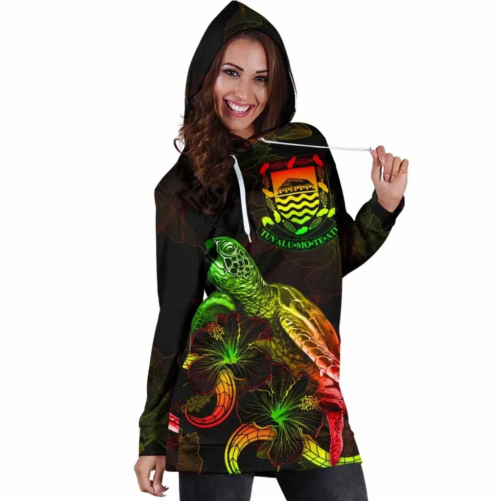 Tuvalu Polynesian Hoodie Dress - Turtle With Blooming Hibiscus Reggae