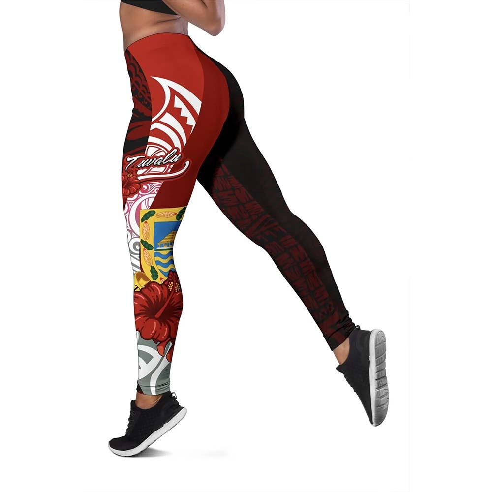 Tuvalu Polynesian Legging  - Coat Of Arm With Hibiscus