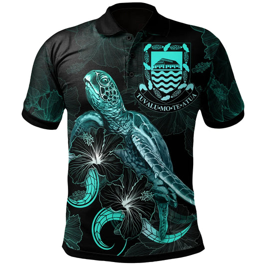 Tuvalu Polynesian Polo Shirt - Turtle With Blooming Hibiscus Turquoise