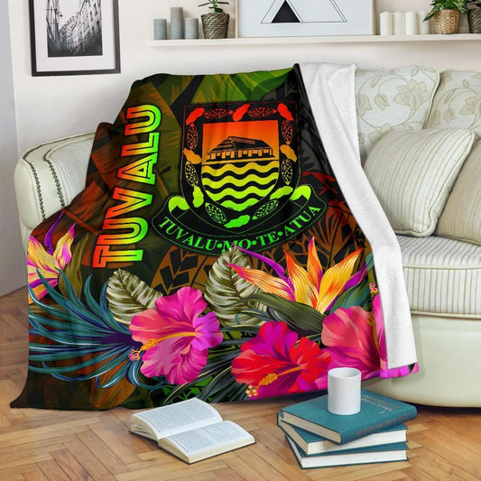 Tuvalu Polynesian Premium Blanket -  Hibiscus and Banana Leaves