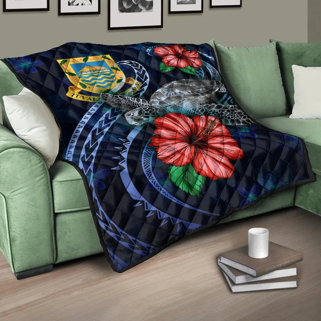 Tuvalu Polynesian Premium Quilt - Blue Turtle Hibiscus