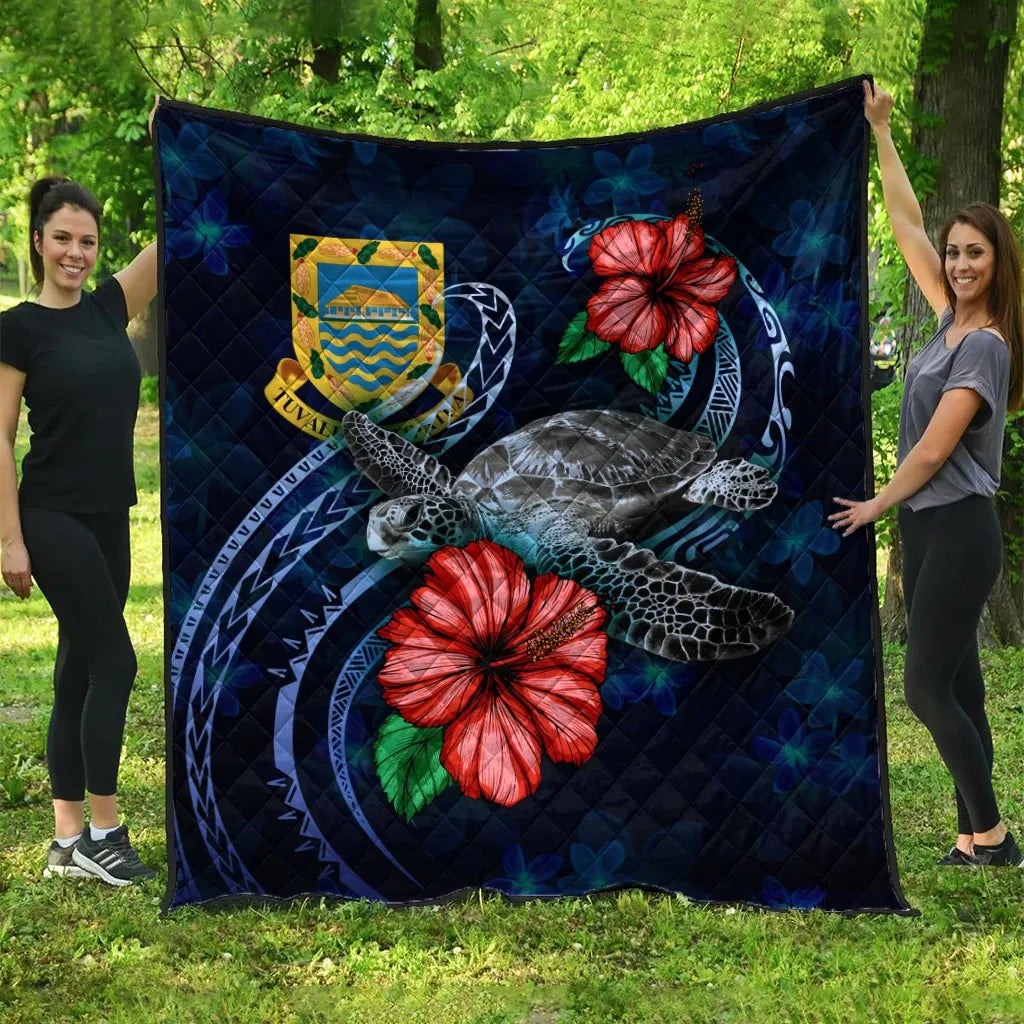 Tuvalu Polynesian Premium Quilt - Blue Turtle Hibiscus
