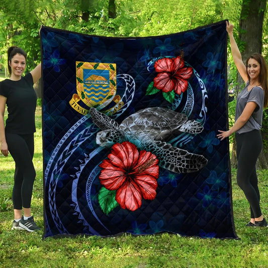 Tuvalu Polynesian Premium Quilt - Blue Turtle Hibiscus