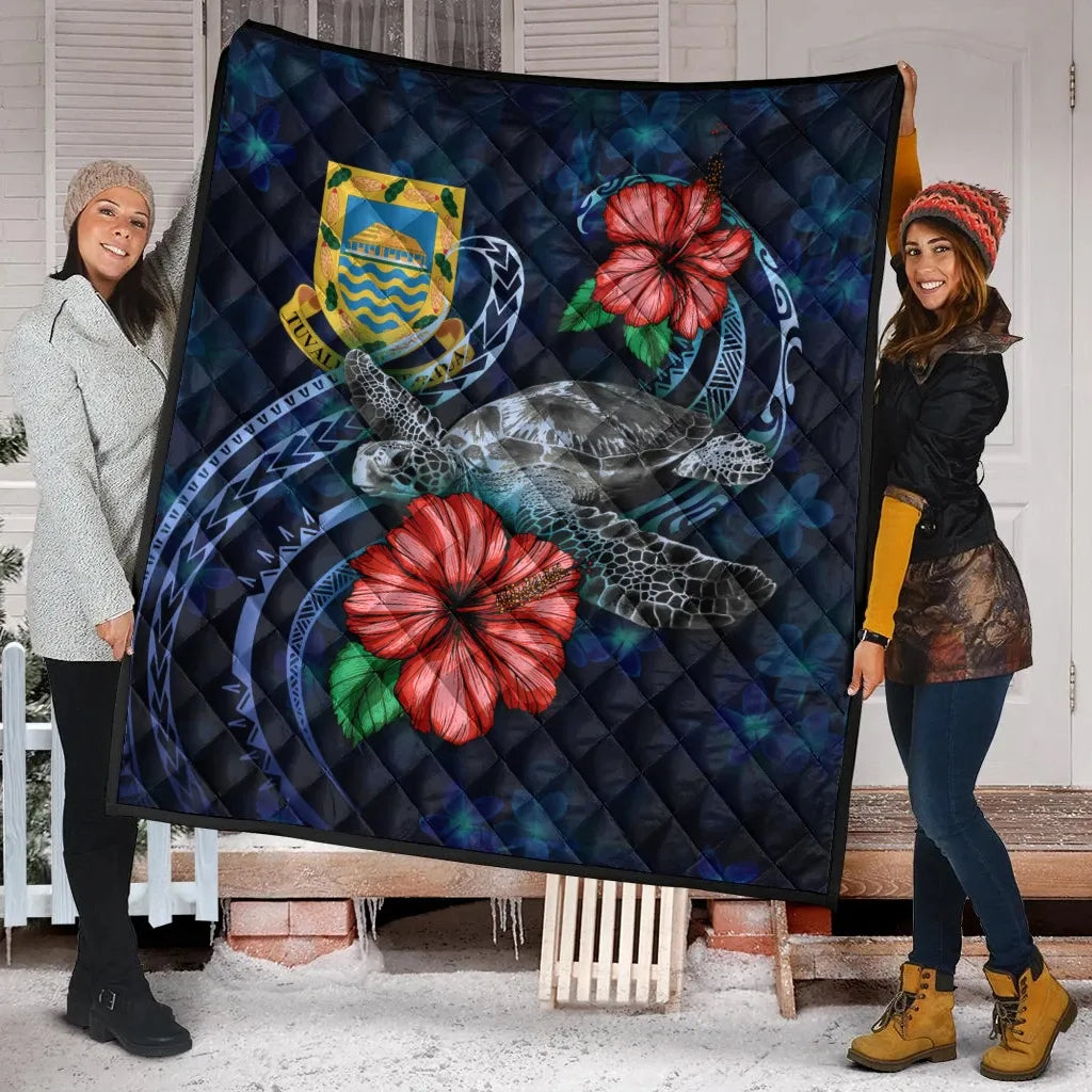 Tuvalu Polynesian Premium Quilt - Blue Turtle Hibiscus