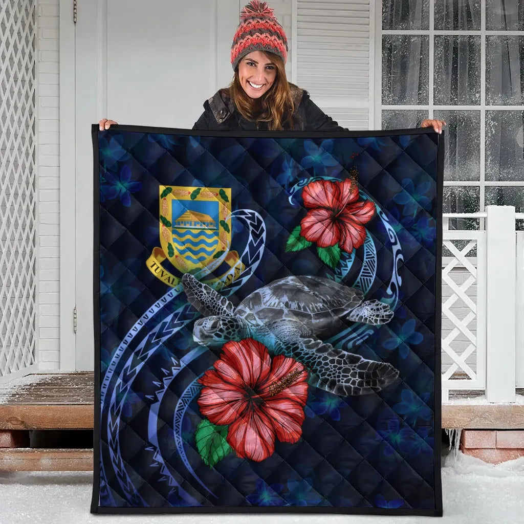 Tuvalu Polynesian Premium Quilt - Blue Turtle Hibiscus