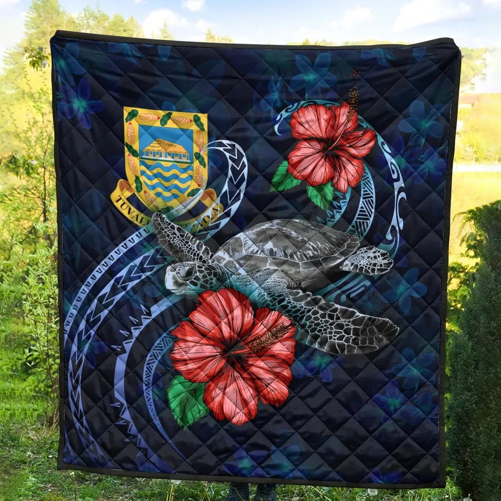Tuvalu Polynesian Premium Quilt - Blue Turtle Hibiscus
