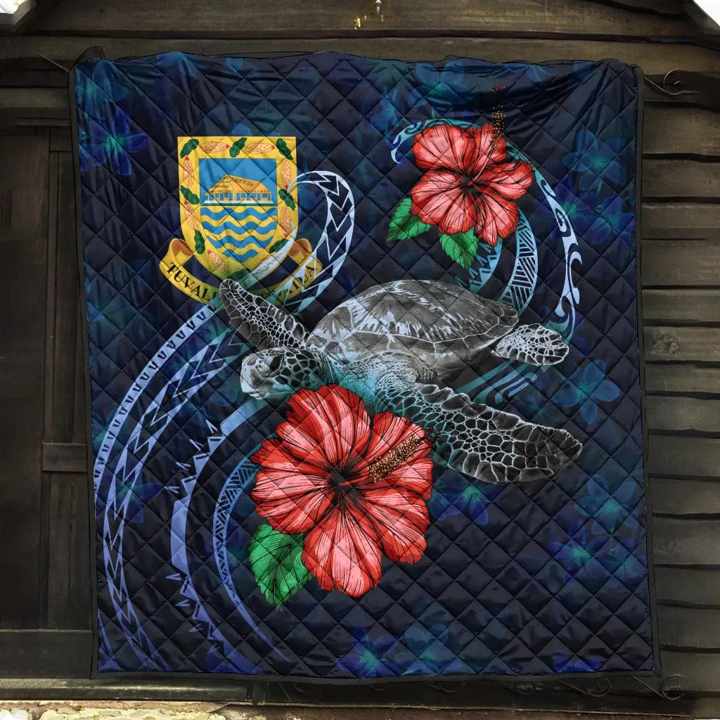 Tuvalu Polynesian Premium Quilt - Blue Turtle Hibiscus