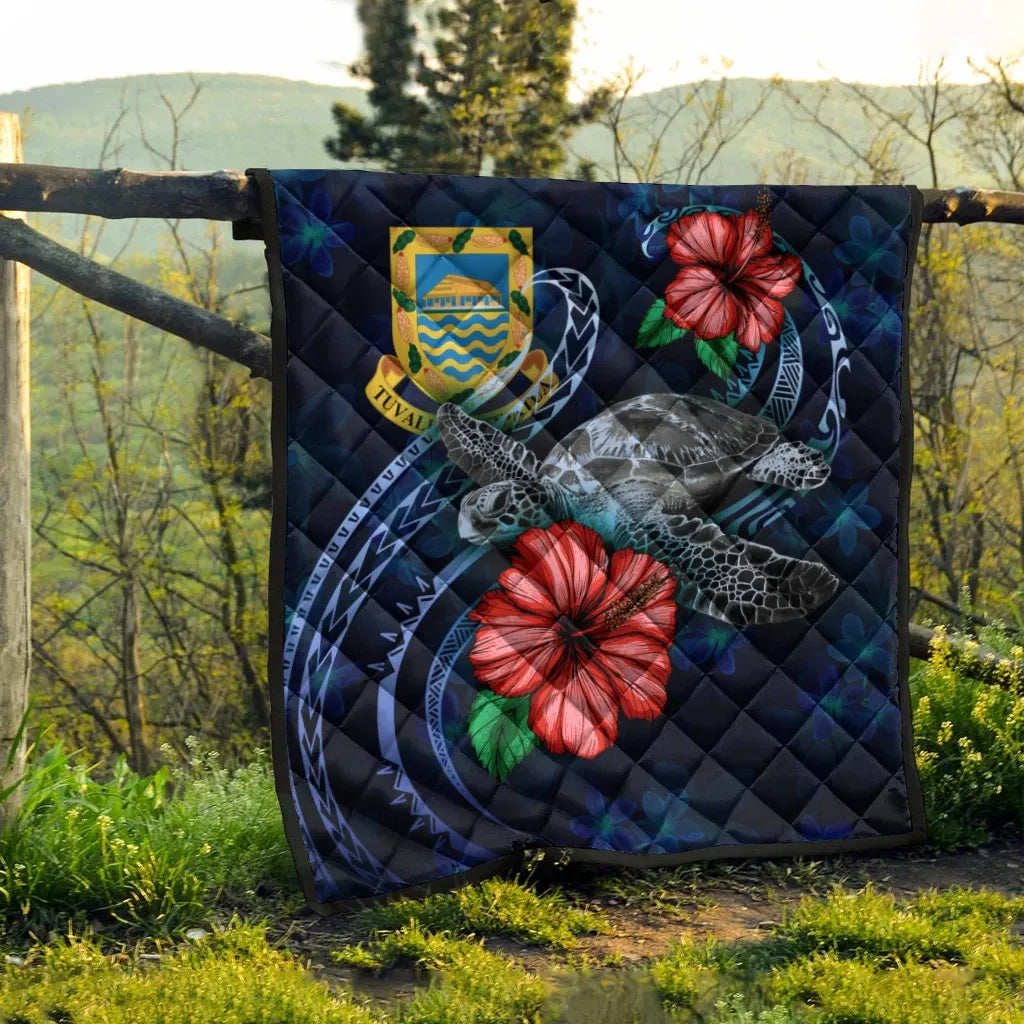 Tuvalu Polynesian Premium Quilt - Blue Turtle Hibiscus