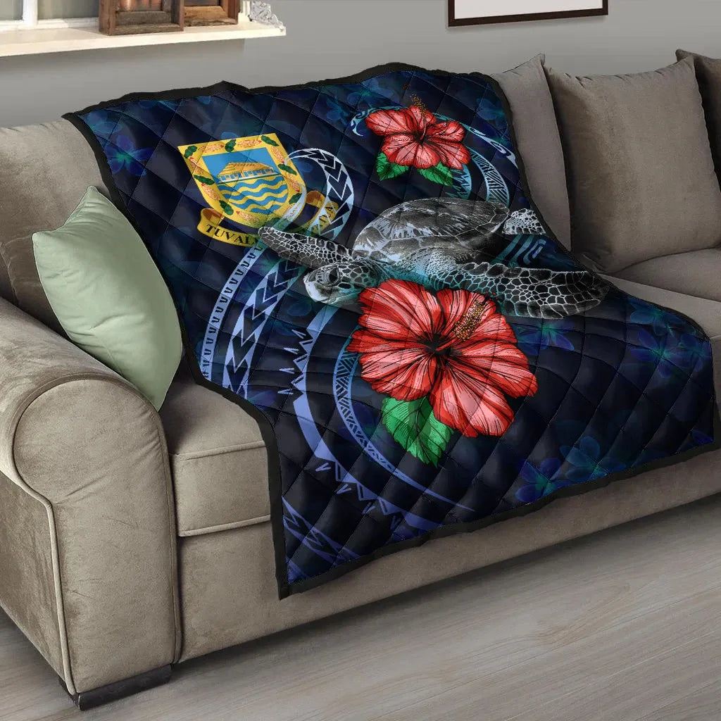 Tuvalu Polynesian Premium Quilt - Blue Turtle Hibiscus
