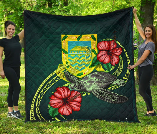 Tuvalu Polynesian Premium Quilt - Green Turtle Hibiscus